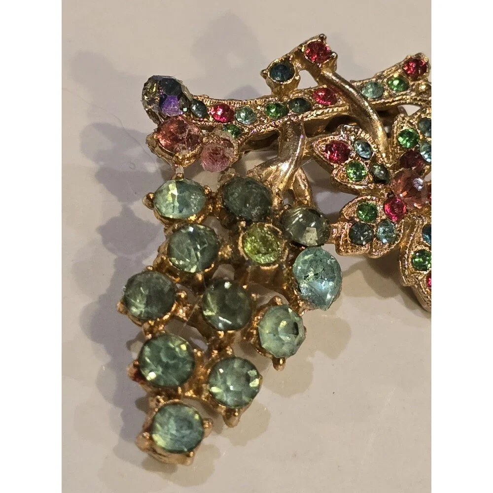 Vintage Fruit Salad Style Rhinestone Grape Floral Brooch Multicolor Pin #1398